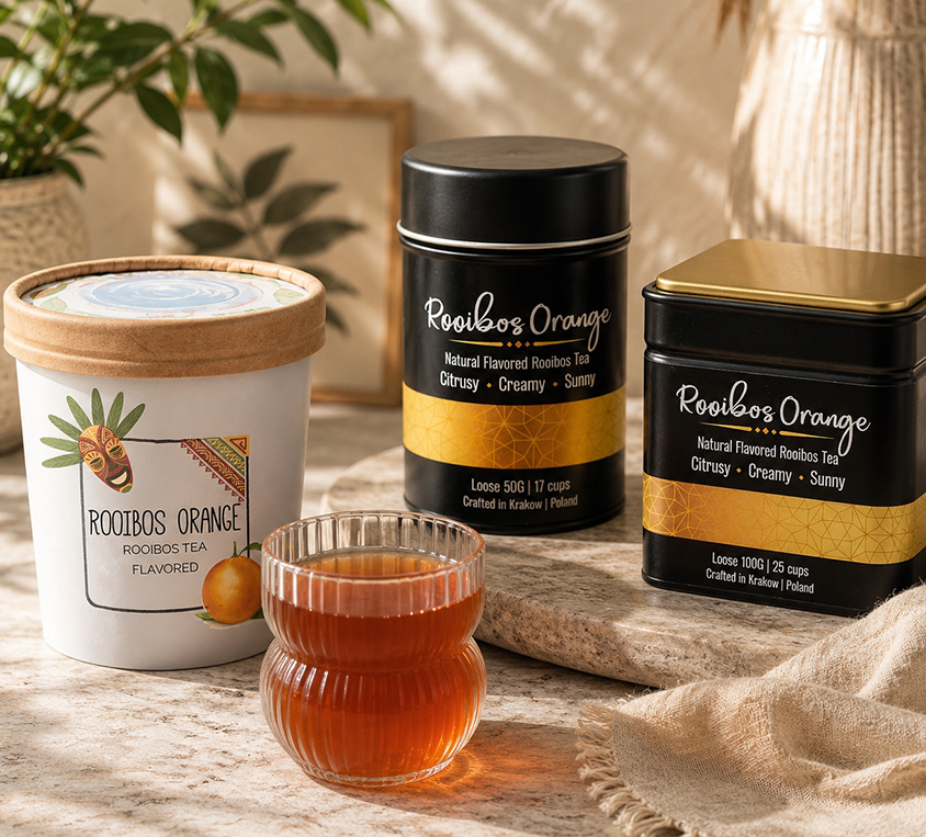 Rooibos Orange Leo Tea – puszka, doypack i kubek prezentowy
